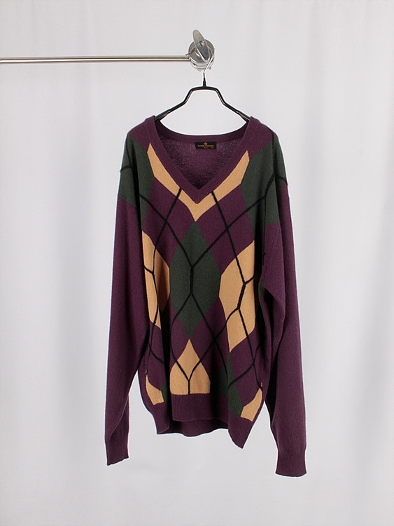 RIVER COURSE pattern v-neck cashmere100% knit